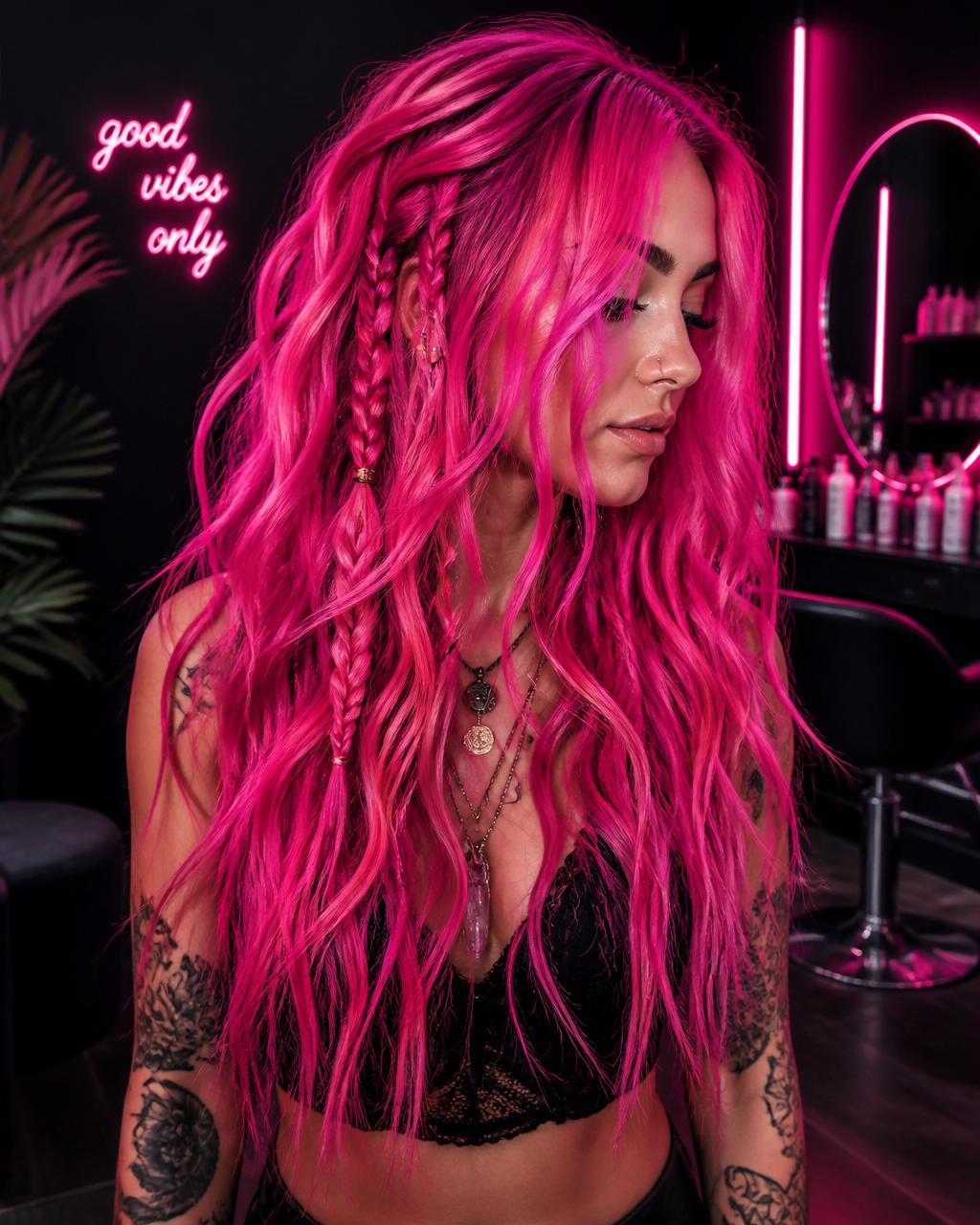 Boho hair with neon pink highlights in neon salon
