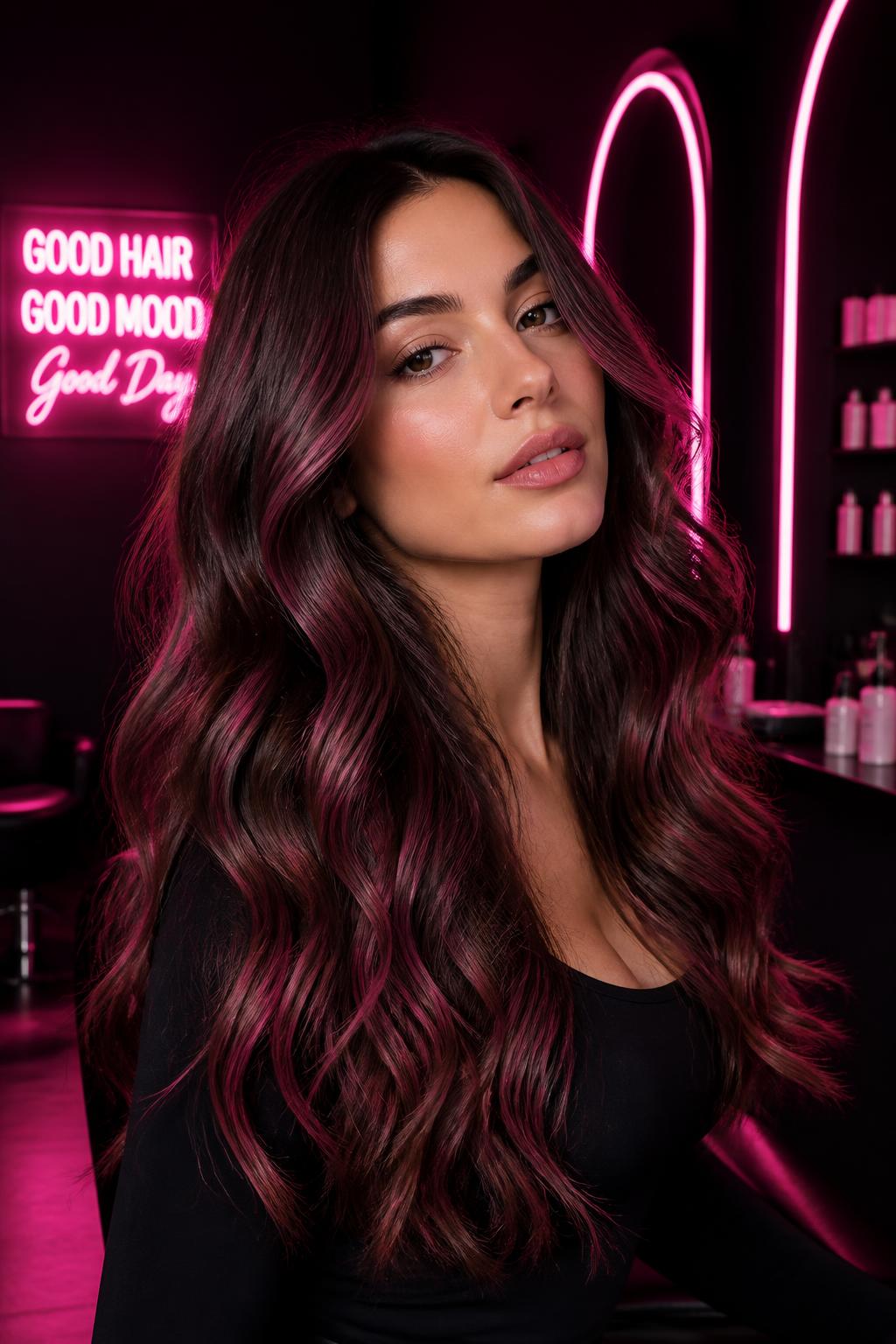 Wavy hair with pink highlights in neon salon