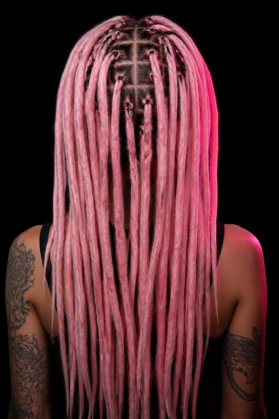 Back view of long light pink dreadlocks